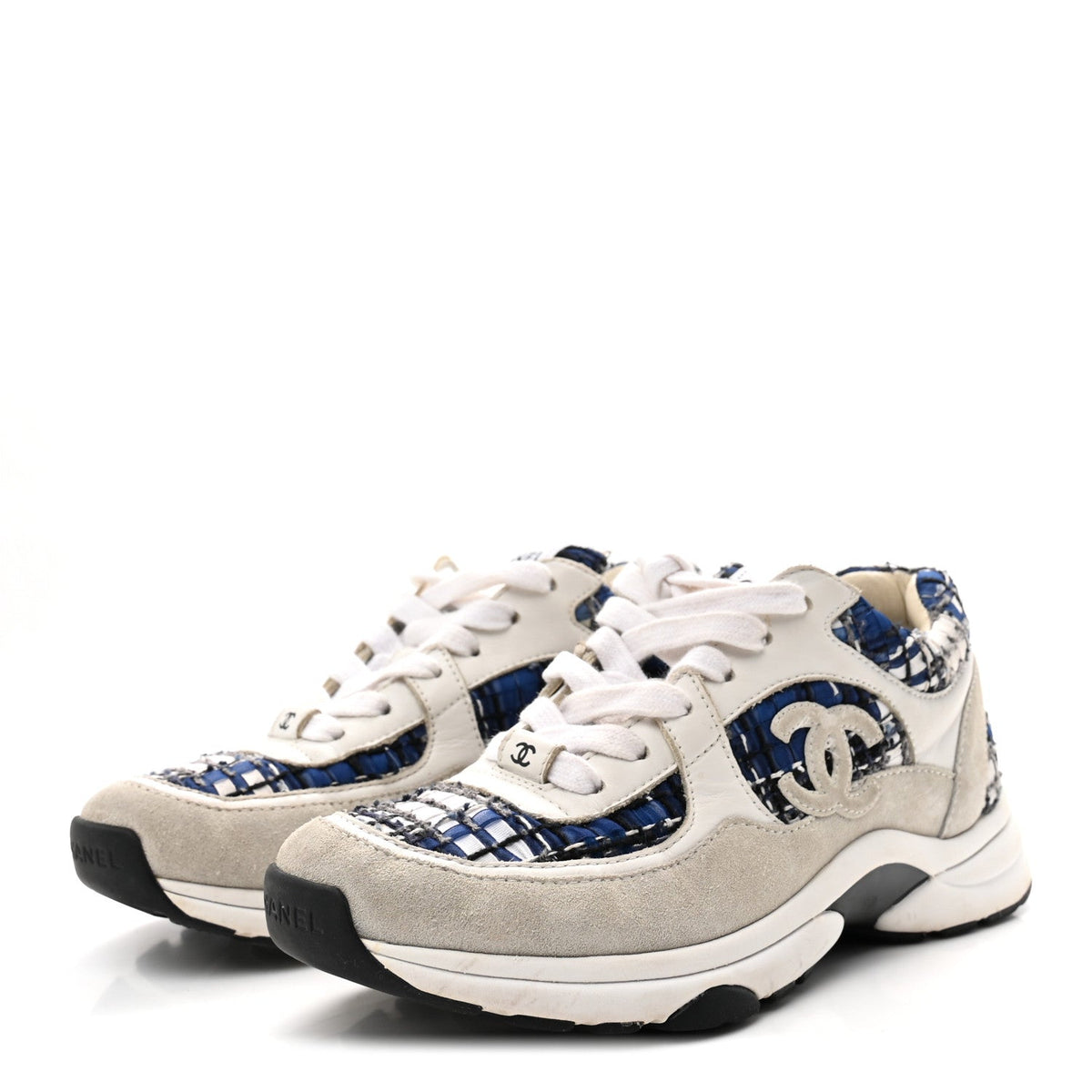 Chanel Tweed Suede Calfskin Women's CC Sneakers 37 Dark Blue Black Grey White