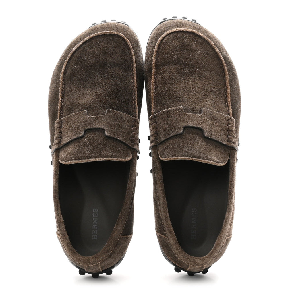 Hermes Suede Calfskin Men's Lazy Loafers 42 Ecorce