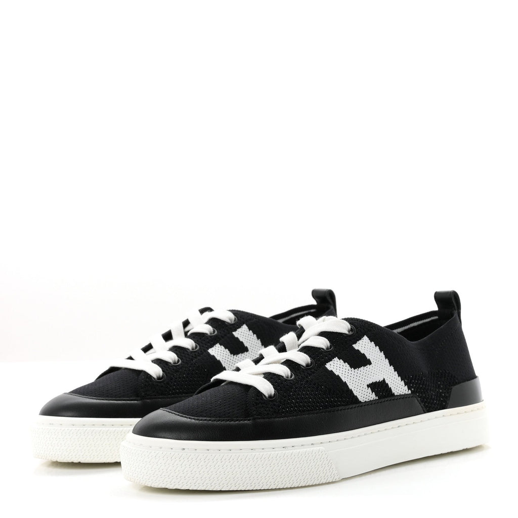 Hermes Knit Fabric Calfskin Women's Deep Sneakers 36.5 Black White