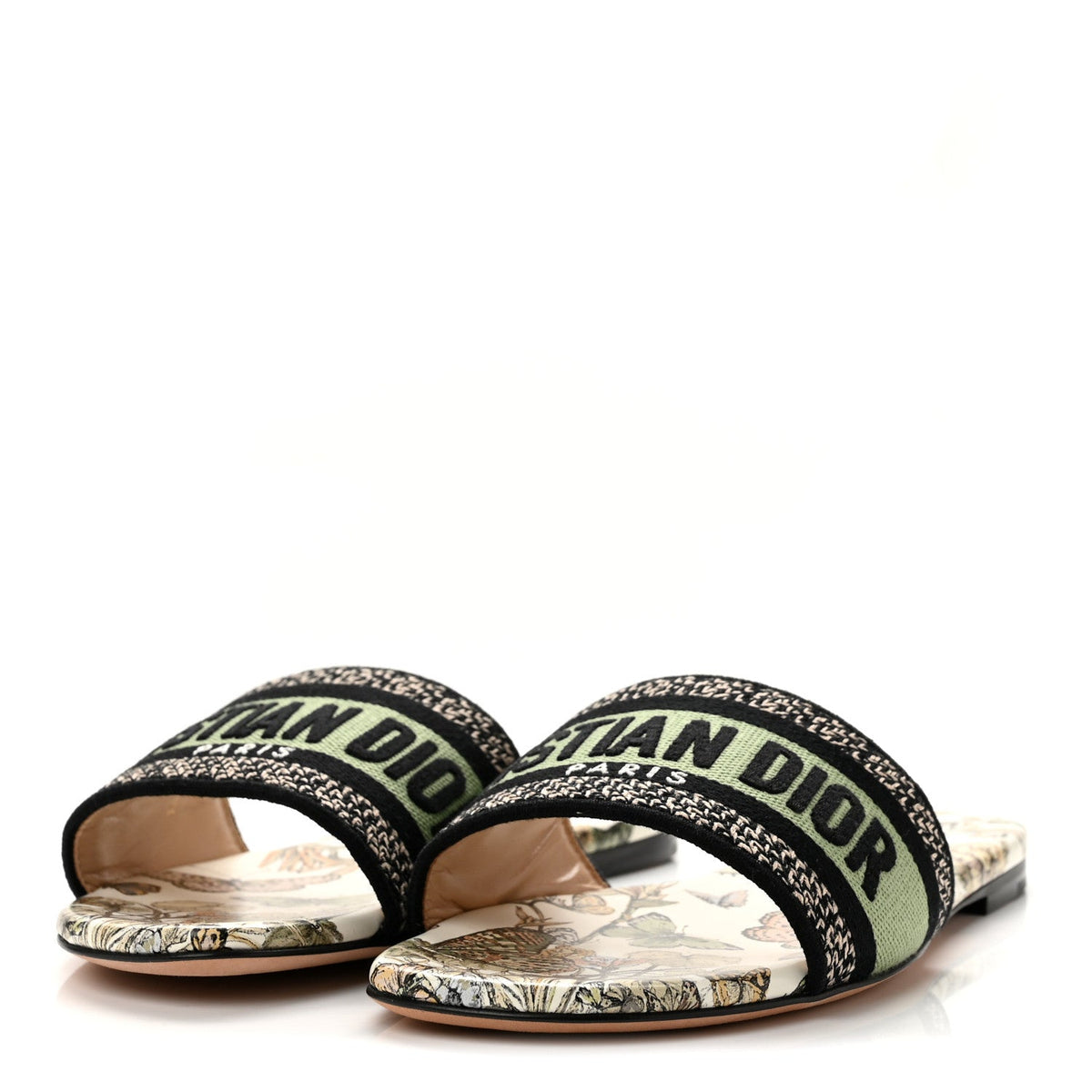 Christian Dior Embroidered Cotton Canvas Women's Dway Flat Slide Sandals 37.5 White Yellow