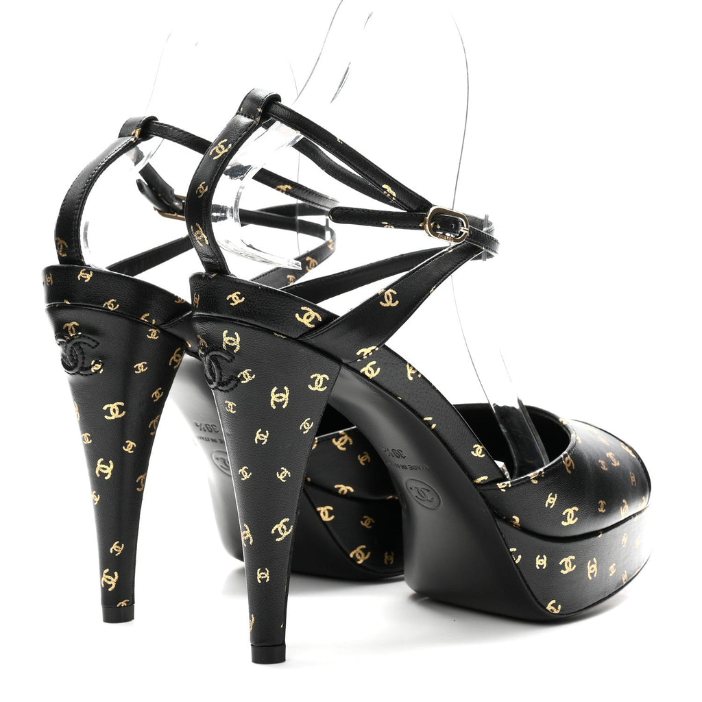 Chanel Printed Lambskin Patent Calfskin Women's CC Platform Pumps 39.5 Black Gold