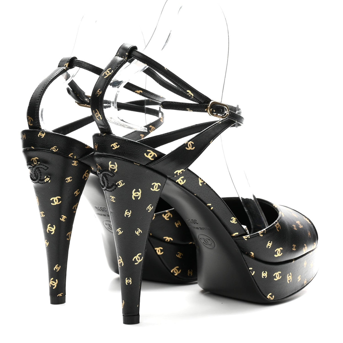 Chanel Printed Lambskin Patent Calfskin Women's CC Platform Pumps 39.5 Black Gold