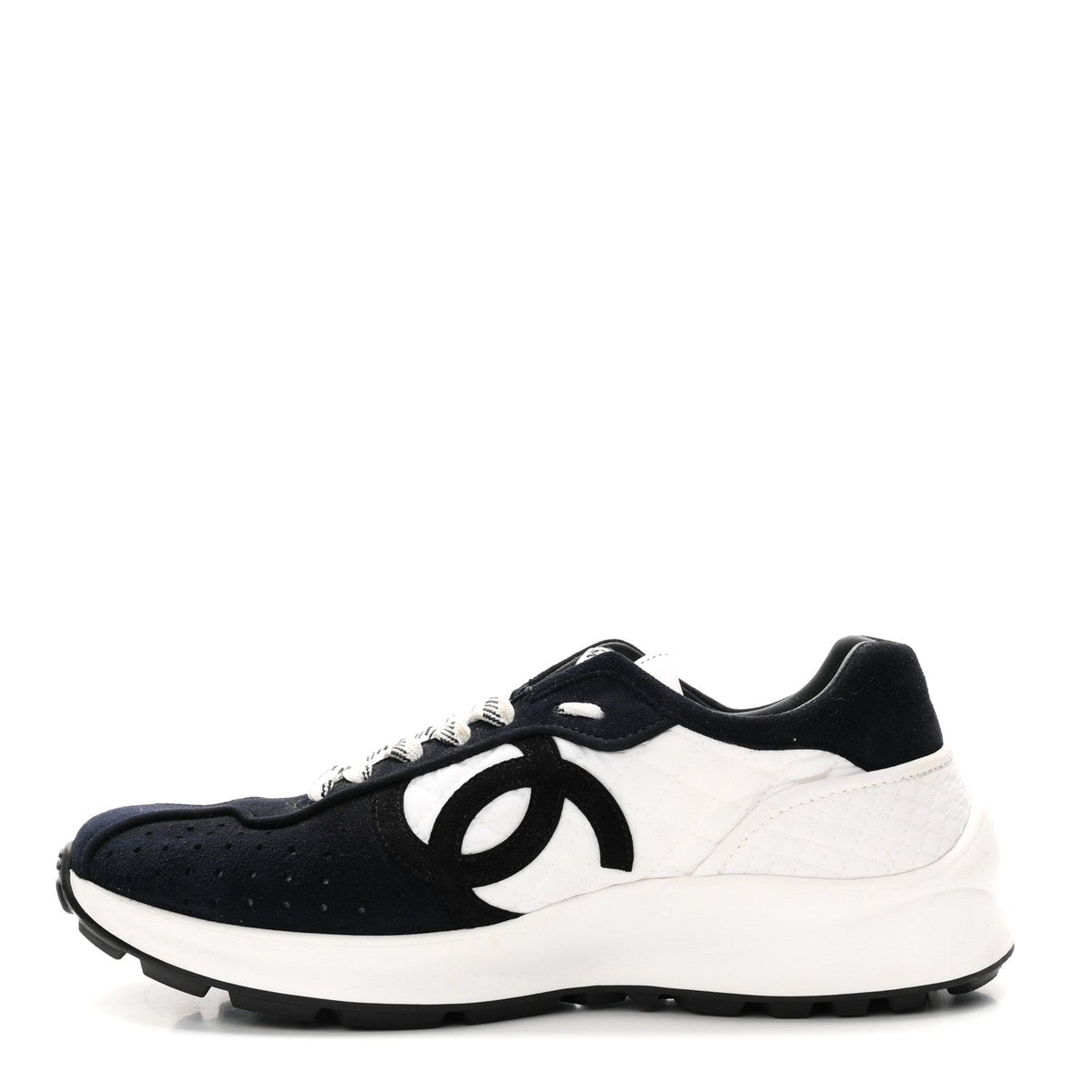Chanel Fabric Suede Kidskin Women's CC Sneakers 41 Dark Navy White