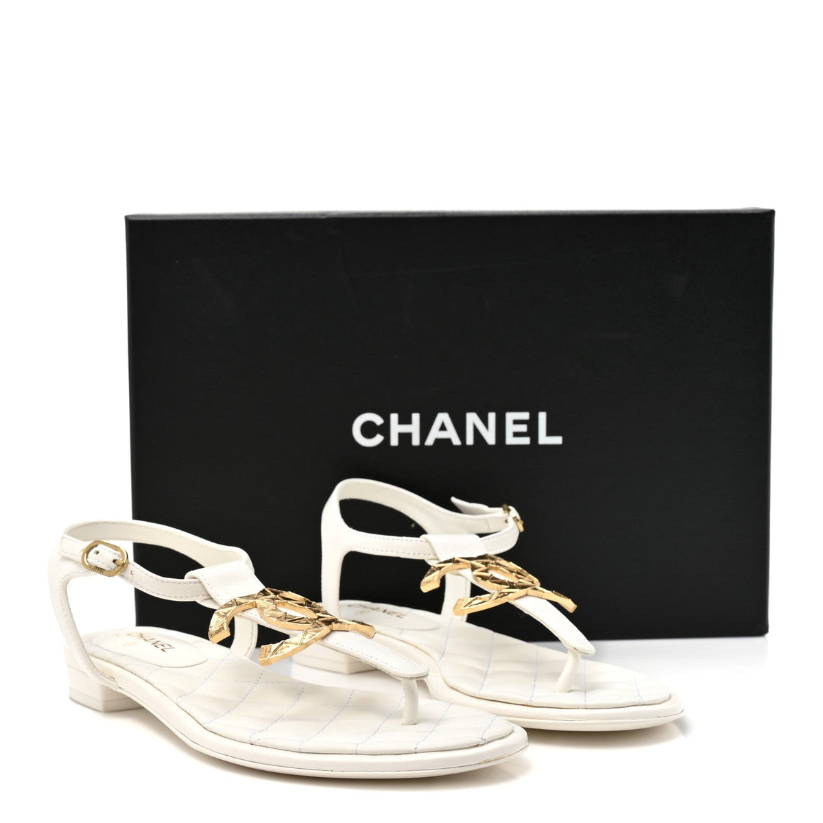 Chanel Lambskin Women's CC Thong Sandals 37.5 White