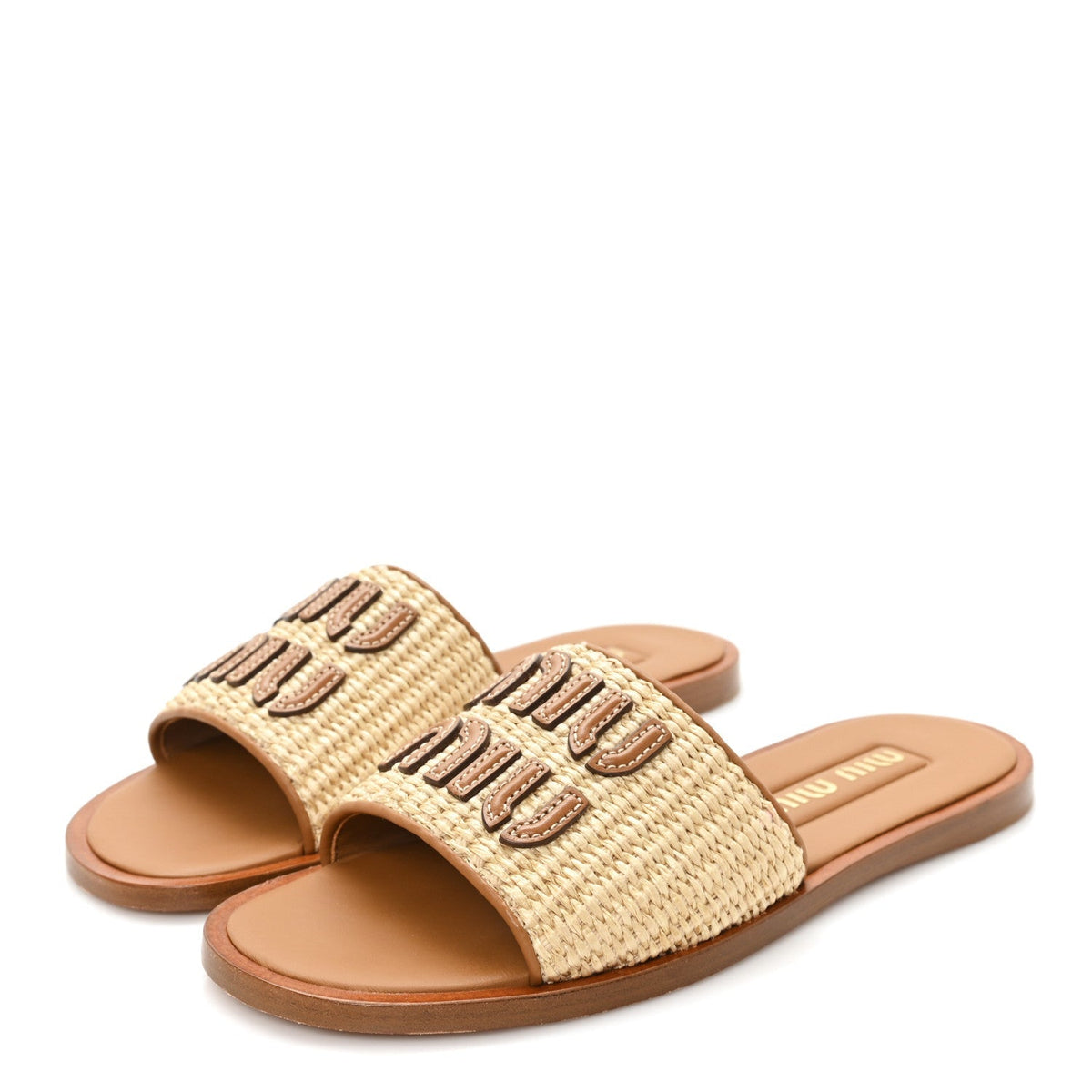 Miu Miu Stuoia Raffia Calfskin Women's Logo Sandals 36 Naturale