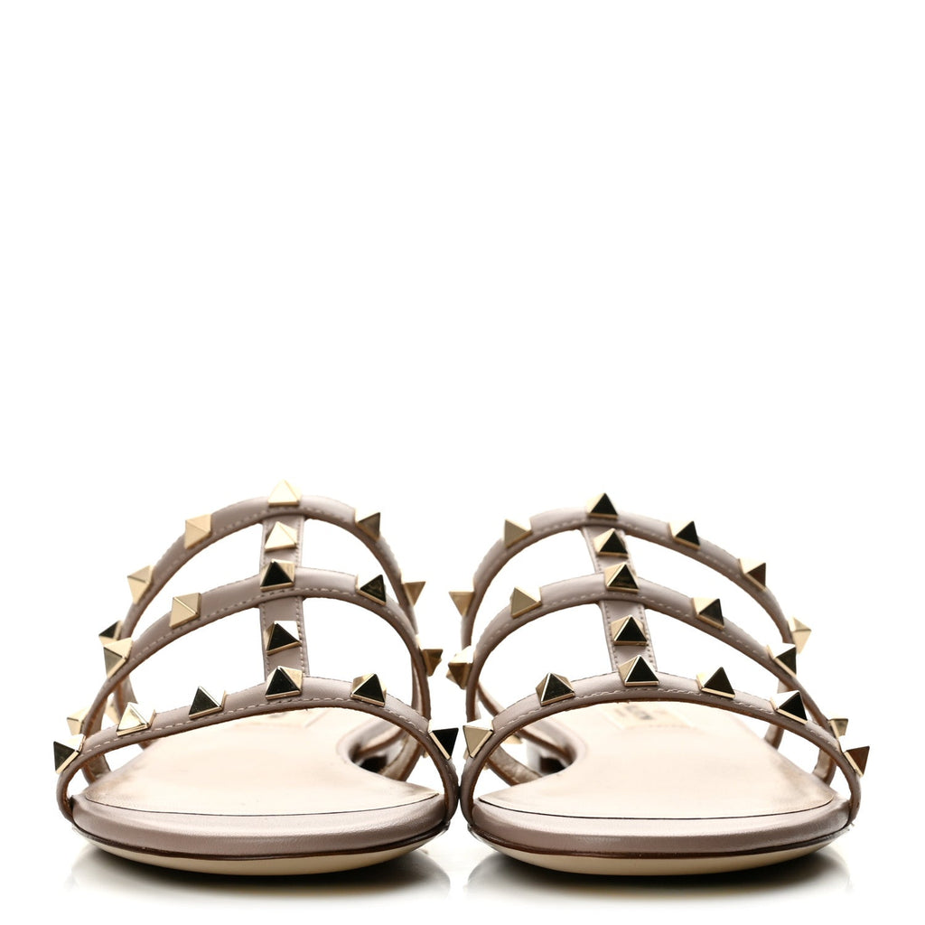 Valentino Garavani Calfskin Women's Rockstud Caged Flat Slide Sandals 37 Poudre